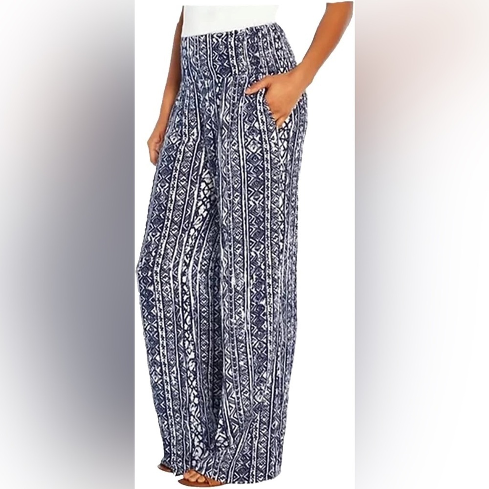 THREE DOTS Wide-Leg Pull-On Pants blue and white Aztec indigo print size M